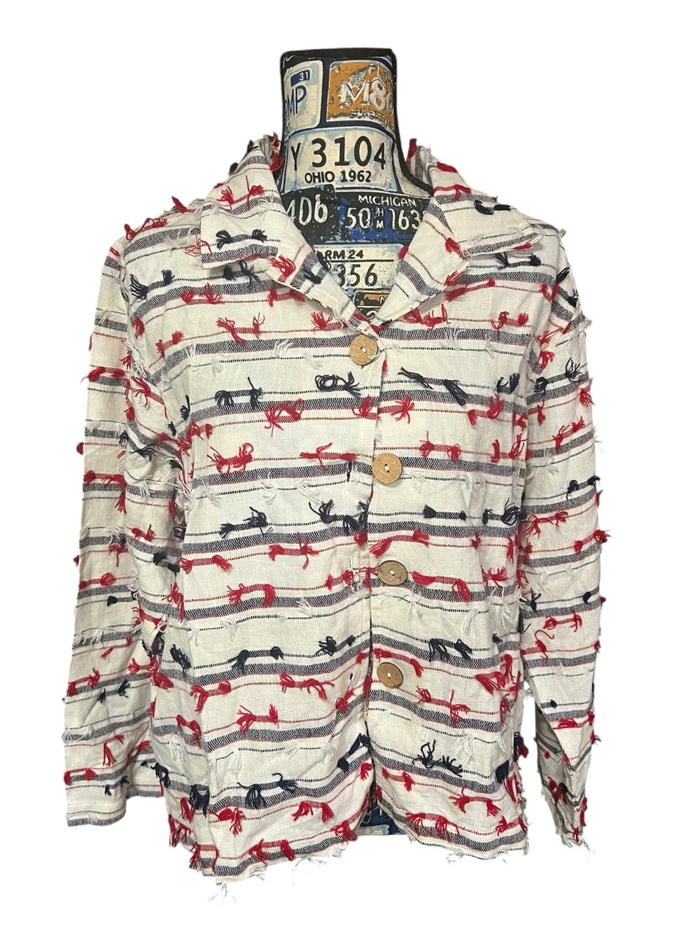 Patriotic Red White Blue Yarn Fringe Button Down 100% Cotton Casual Blazer Sz XL
